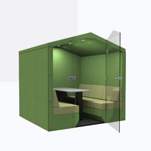 Green AcoustiPod Soundproof Booth with Glass door and front and padded seating.